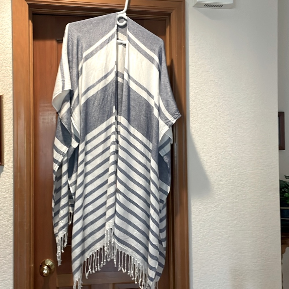 Isaac Mizrahi Striped Kimono Boho Fringe Swim Coverup Cruise One Size
